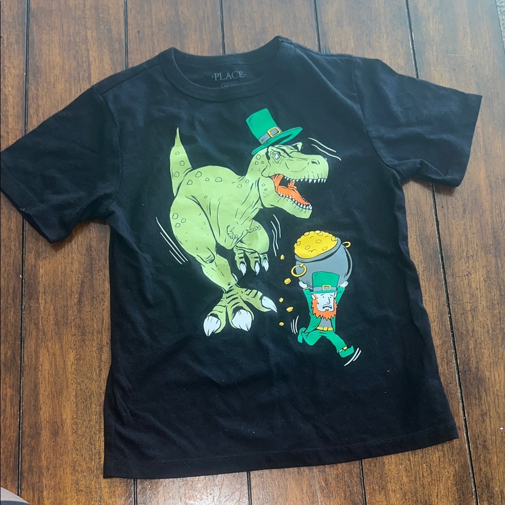 The Children's Place Black Tee with Green Dino & Yellow Pot Graphic